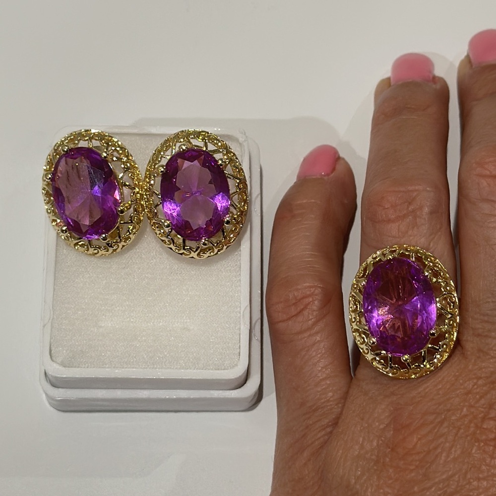 🌸NEW GOLD PLATED EARRINGS ND RING 💍 SET LIGHT PURPLE COLOR Adjustable Ring Size